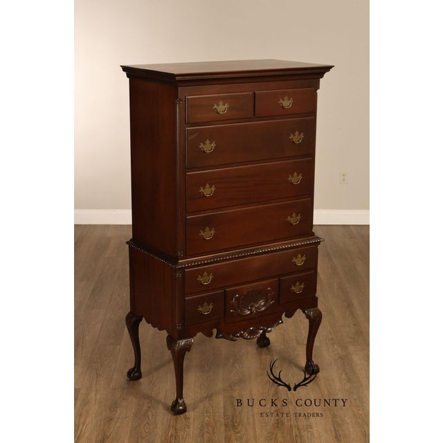 High Quality American Made Custom Crafted Mahogany Tall Chest with Nine Dovetailed Drawers on Elevated Base with Carved...