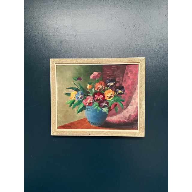 Mid-Century Modern G. Stränz, Pansies in Blue Vase, 1960s, Oil Painting on Canvas, Framed For Sale - Image 3 of 17