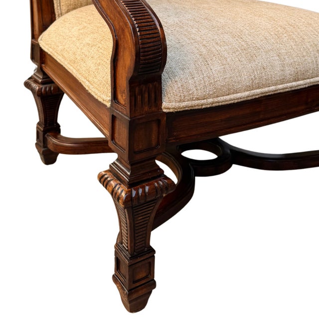 1980s Neoclassical Hand-Carved Mahogany Armchairs With Rolled Arms & X-Stretcher - A Pair For Sale - Image 10 of 14