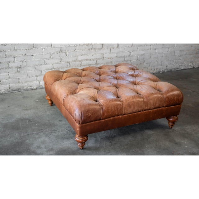 2000 - 2009 Vintage Thomasville Tufted Distressed Leather Chesterfield Cocktail Ottoman For Sale - Image 5 of 14