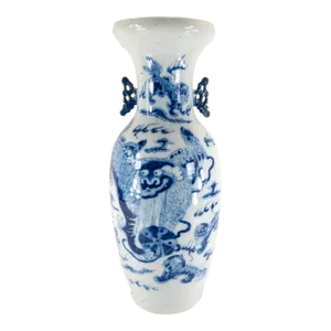 19th Century Chinese Chinoiserie Blue and White Floor Vase With Foo Dog
