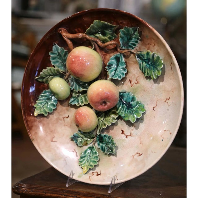 Pair of 19th Century French Hand Painted Ceramic Barbotine Fruit Wall Platters For Sale - Image 4 of 12
