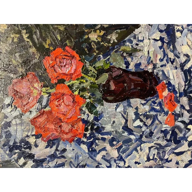 Maya Kopitzeva, Red Roses on Blue Tablecloth, 1970s, Oil on Canvas For Sale - Image 3 of 7