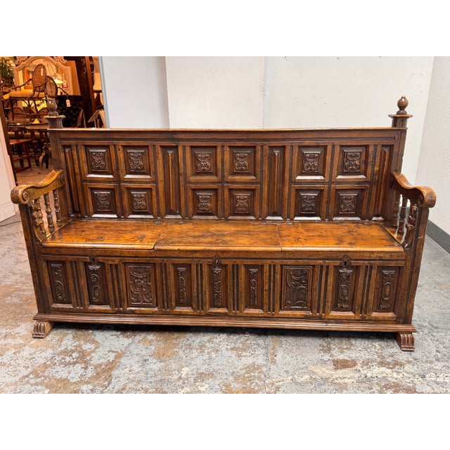 Design Plus Gallery presents a Hall Bench/Settee of Antique Age + Gothic Revival Style. The bench seat is made from solid...