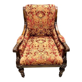 Mid 20th Century Mediterranean Style Carved Wood and Upholstered Chair For Sale