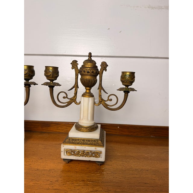 Pair of French Empire Style 19 Century Pair Of Marble & Gilt Bronze Candle Sticks with Rooster Heads are in good condition...