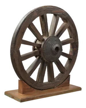 Antique Wood Wheel on Display Stand | Eclectic Western Décor Patio | Rustic Farmhouse Country Style Accent Piece | Unique Distressed Aged