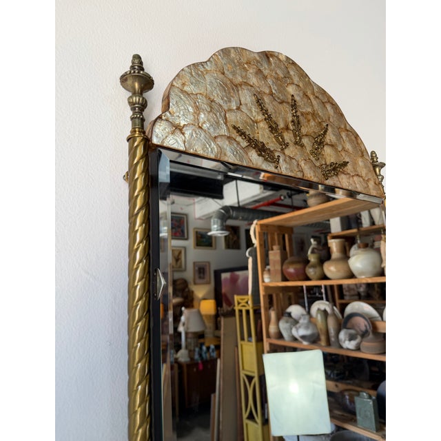 1960s Italian Hollywood Regency Brass & Shell Top Wall Mirror With Beveled Glass For Sale - Image 5 of 11