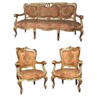 19th-Century Italian Gilt Living Room Set with Sofa and Armchairs, Set of 3 For Sale