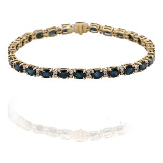 18k 750 Yellow Gold Natural Diamond and Blue Sapphire Tennis Bracelet For Sale