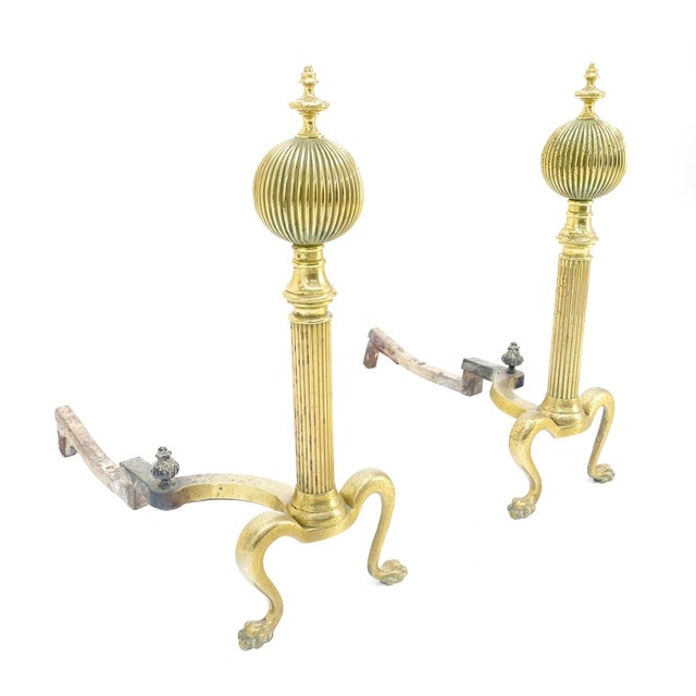 Early 20th Century Pair of Antique Solid Brass Ball Top Claw Feet Fireplace 22" Tall End Irons MINT For Sale - Image 5 of 9