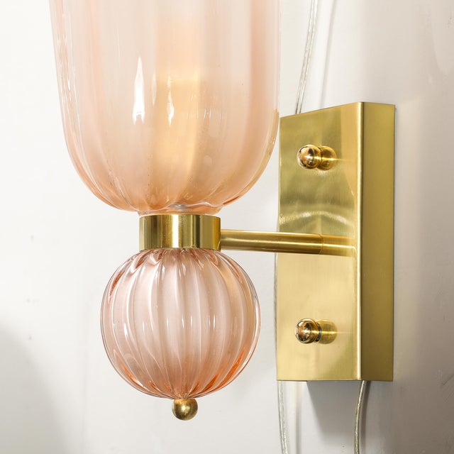 Modernist Hand-Blown Fluted Murano Glass Sconces W/ Orbital Drop in Frosted Rose For Sale - Image 10 of 12