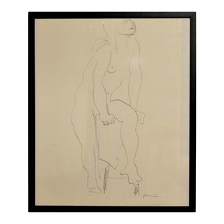 1960s Gertrude Barnstone Abstract Pencil Contour Line Drawing of Female Nude With Raised Leg, Framed For Sale