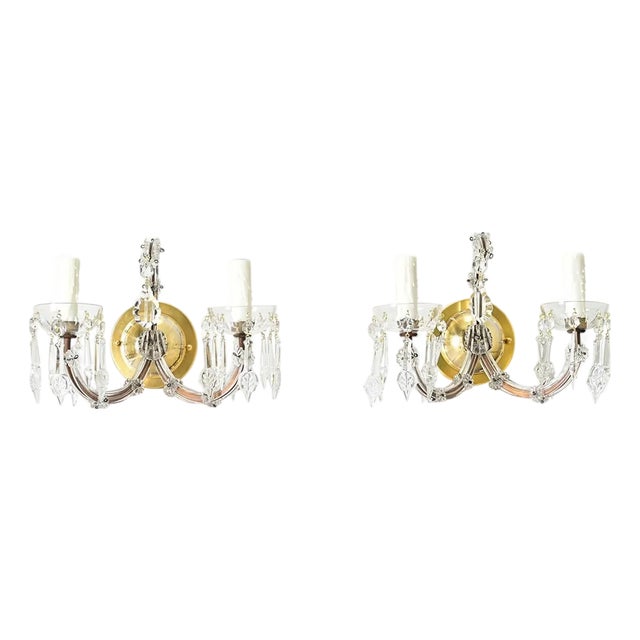 French Vintage Brass and Crystal Wall Sconces - A Pair For Sale