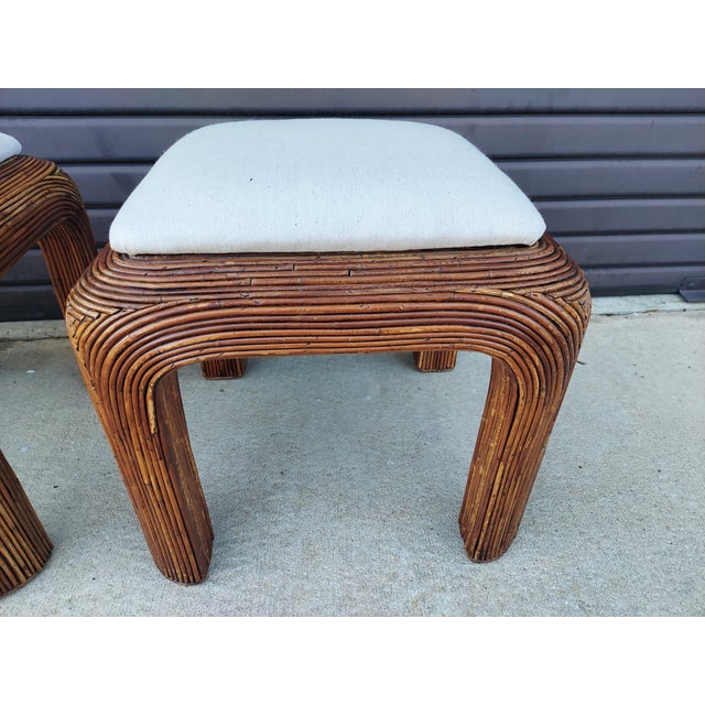 1970s Pair of Mid Century Modern Pencil Reed Rattan Stools For Sale - Image 10 of 12
