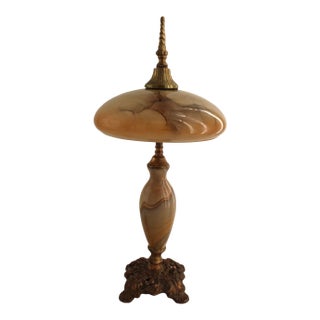 Vintage Art Nouveau Blown Glass Table Lamp W/ Brass Base, Caramel Slag, Houze For Sale
