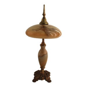 Vintage Art Nouveau Blown Glass Table Lamp W/ Brass Base, Caramel Slag, Houze