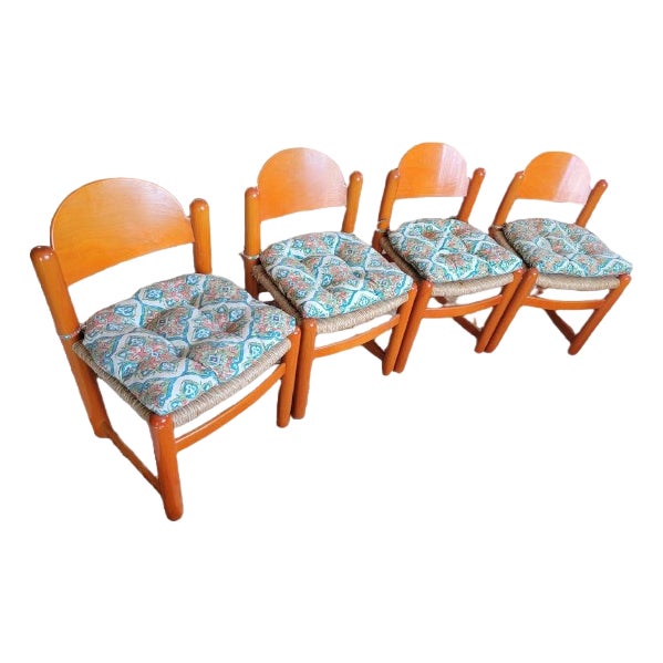 Vintage 1970s Italian Hank Loewenstein "Padova" Beechwood & Rush Stacking Dining Chairs - Set of 4 For Sale