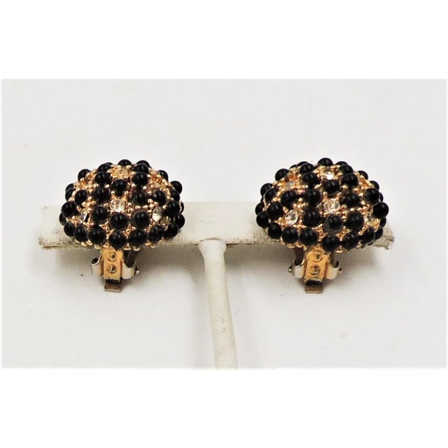 Vintage 1960s Hobe Domed Faux-Onyx & Clear Rhinestone Clip Earrings - 2 Pieces For Sale - Image 4 of 9
