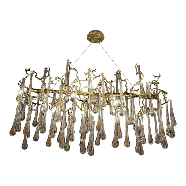 Branch Form Gilt Metal + Glass Droplets Chandelier For Sale