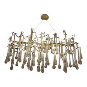 Branch Form Gilt Metal + Glass Droplets Chandelier