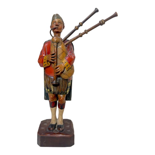 Rare Antique Hand Made Carved Wood German Bagpiper Whistler Sculpture Statue For Sale