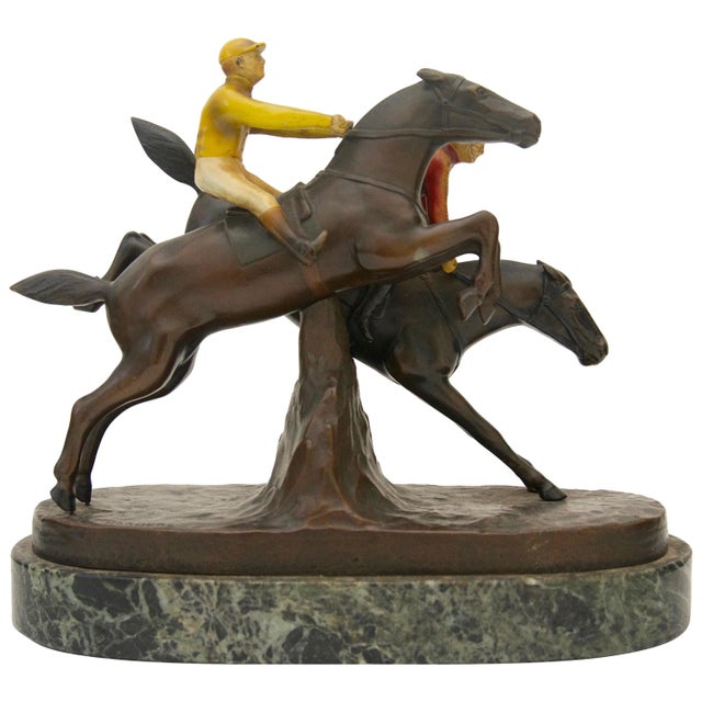 English Steeple Chase Sculpture Hans Harders Polychrome Bronze Horse Race For Sale In Miami - Image 6 of 12
