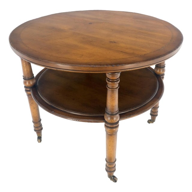 1970s Baker Turned Legs Round Two Tier Occasional Center Serving Table Stand For Sale