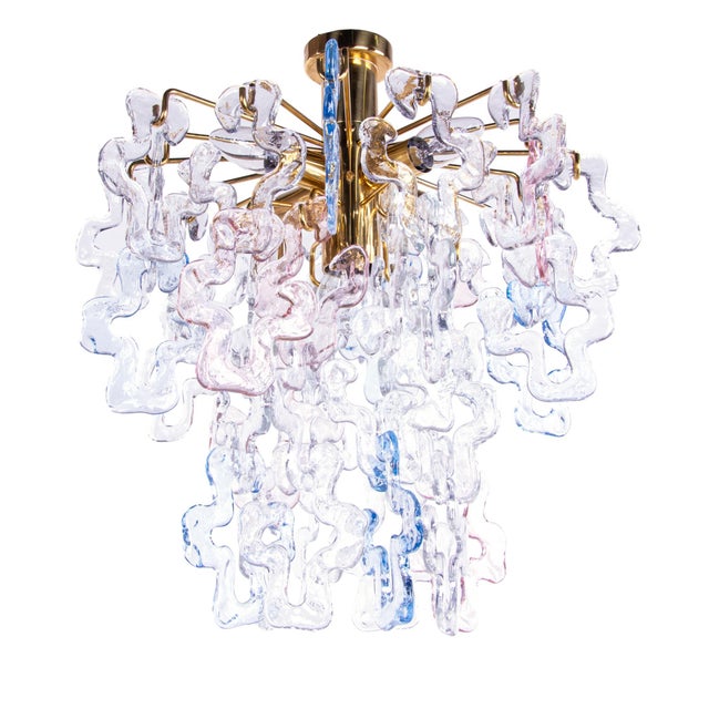 Elegant cascading ceiling light with 48 clear, pink and blue interlocking murano glasses suspended individually on a...