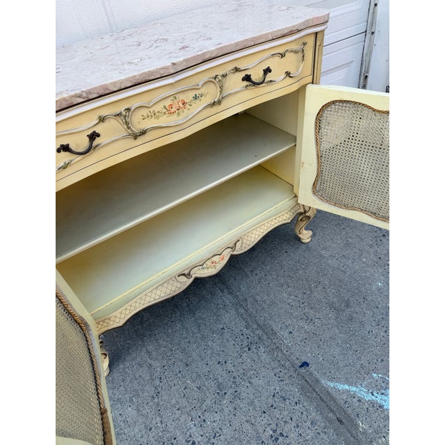 Vintage French Provincial Hand Painted Cane Door Cabinet With Marble Top For Sale - Image 11 of 11