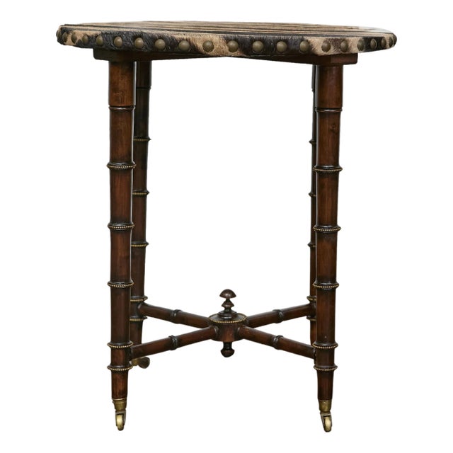 19th Century English Faux Bamboo Side Table with Zebra Hide Top and Casters For Sale