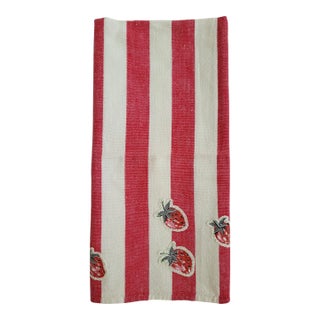 1980s Red and White Striped Tea Towel With a Strawberry Applique For Sale