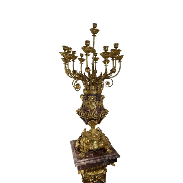 French 21st Century French Style Marble Pedestal and Candelabra With Brass Accents - 2 Pieces For Sale - Image 3 of 10
