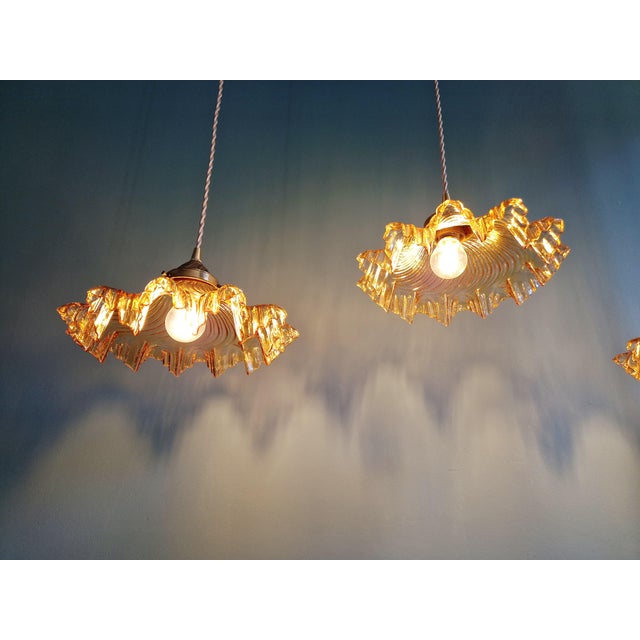 Amber-Colored Pleated Glass Pendant Lights, 1930s, Set of 3 For Sale - Image 17 of 18