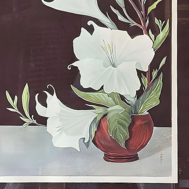 Mid-Century Modern 1950s Ikebana Arranged White Petunia Foral Scenic Lithograph by Lithoin, Framed For Sale - Image 3 of 11