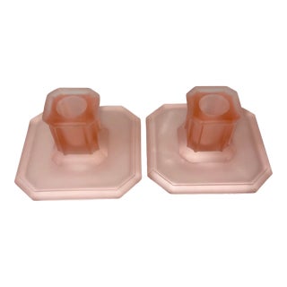 1930s Art Deco Satin Pink Glass Candle Holders - a Pair. For Sale