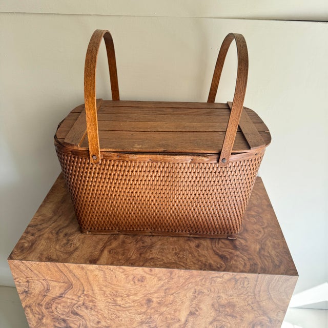 Brown Mid 20th Century Slatted Top Wooden and Wicker Picnic Basket For Sale - Image 8 of 8