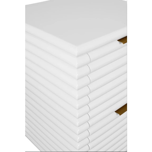 Contemporary Matthew Izzo Home Nayla Glossy White Lacquer Two Drawer Side Table With Brass Drawer Pulls For Sale - Image 3 of 6