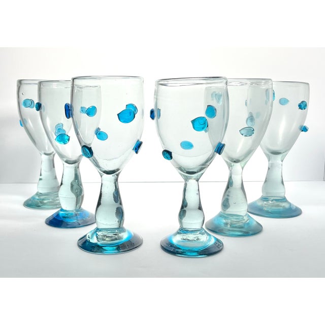 6 Aqua Blue Confetti Raised Pebble Mexican Blown Wine or Water Glasses 8.5” 14oz Good condition. No chips, cracks, or...