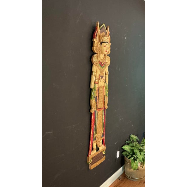 Tribal Vintage, Balinese Legong Dancer Hand-Carved Wooden Wall Hanging Decorative Sculpture, Circa 50s For Sale - Image 3 of 12