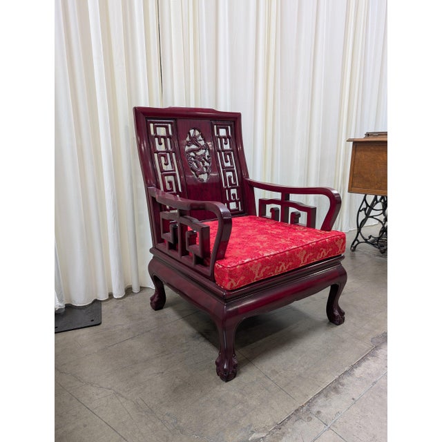 Vintage Chinese Rosewood Armchair With Hand-Carved Dragon Medallion and Red Silk Cushion For Sale - Image 4 of 10