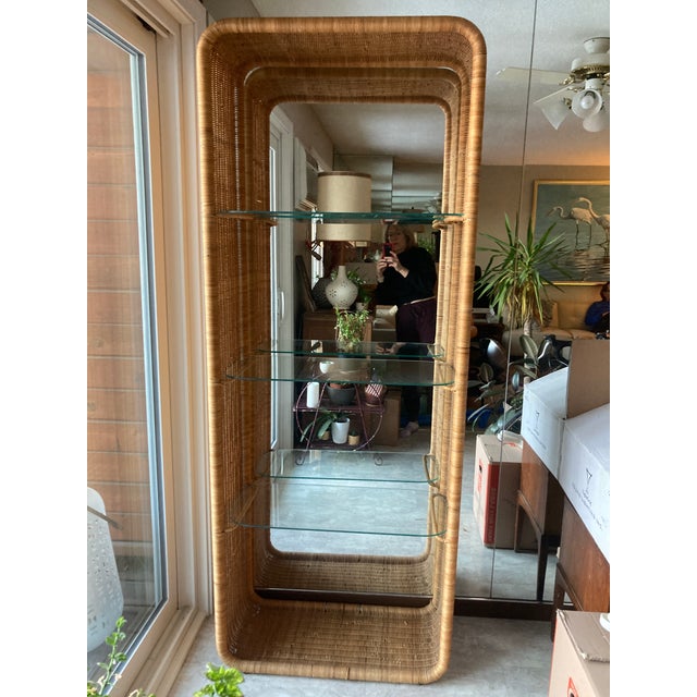 1950s Vintage Wicker Frame & Glass Shelves Etagere Designed by Louis