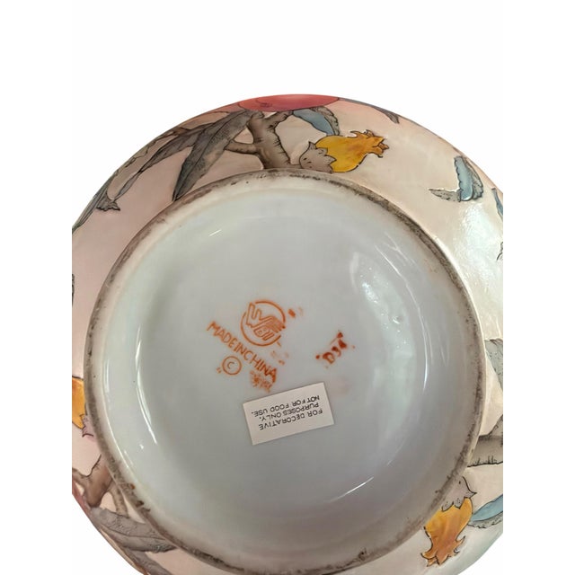 Vintage Chinese Porcelain Fruit & Floral Bowl | Hand-Painted Famille Rose Style Centerpiece Bowl For Sale - Image 9 of 10
