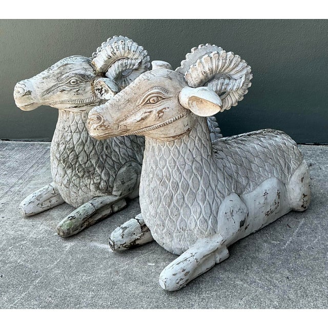 Vintage Monumental Distressed Hand Carved Rams - A Pair For Sale - Image 10 of 13