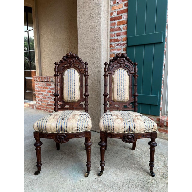 Pair Antique French Dining Chairs Renaissance Carved Oak Black Forest C1880 For Sale - Image 14 of 18