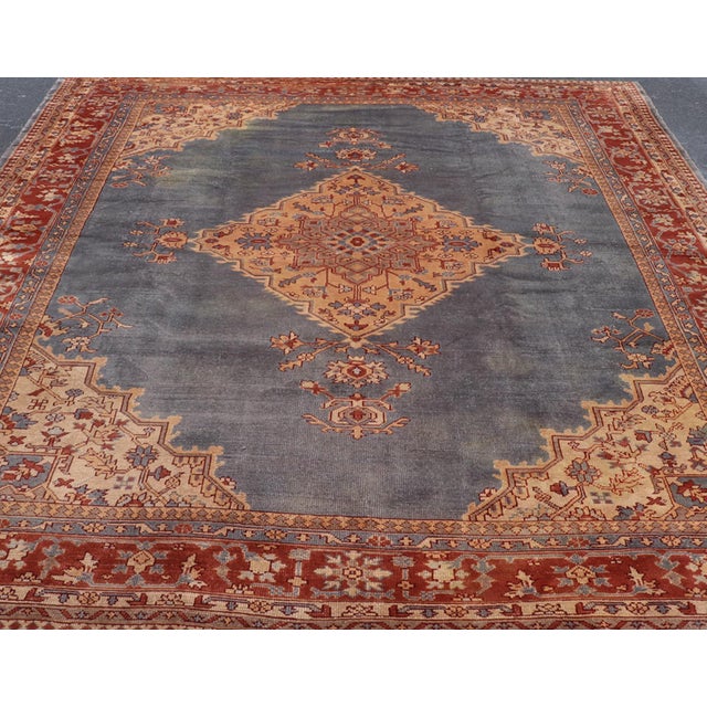 Antique Turkish Oushak Rug With Slate Blue Field With Warm Brown Border 10'10 X 14'0 For Sale - Image 4 of 12