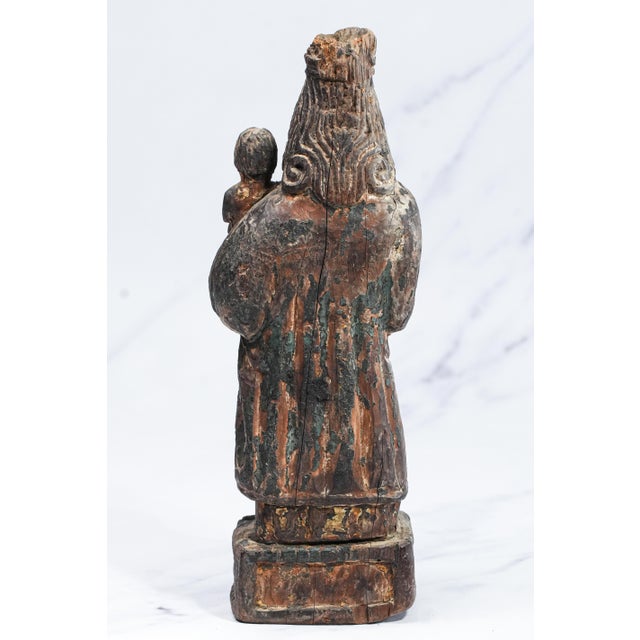 Carved Wood Madonna With Child Painted Polychrome Santos Statue Sculpture For Sale - Image 10 of 14