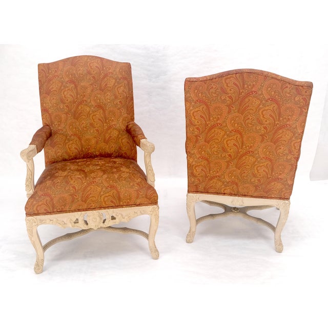 Rococo Pair of Fine Carved White Lacquer Rouge Floral Upholstery Arm Club Chairs MINT For Sale - Image 3 of 13