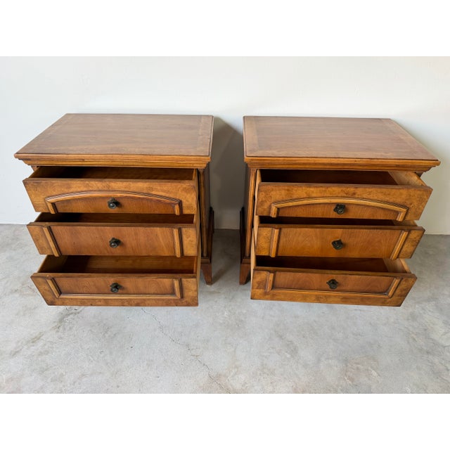 Mid-Century Modern 1970s Mid-Century Burl Wood Three-Drawer Nightstands – Pair For Sale - Image 3 of 13
