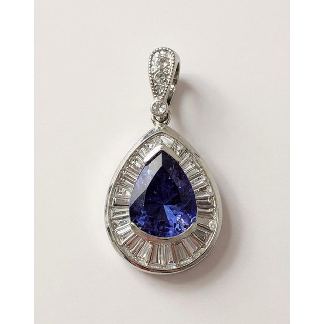 Contemporary 14k White Gold Pear Tanzanite Diamond Halo Pendant, 4.15 Ct Natural Tanzanite For Sale - Image 3 of 3